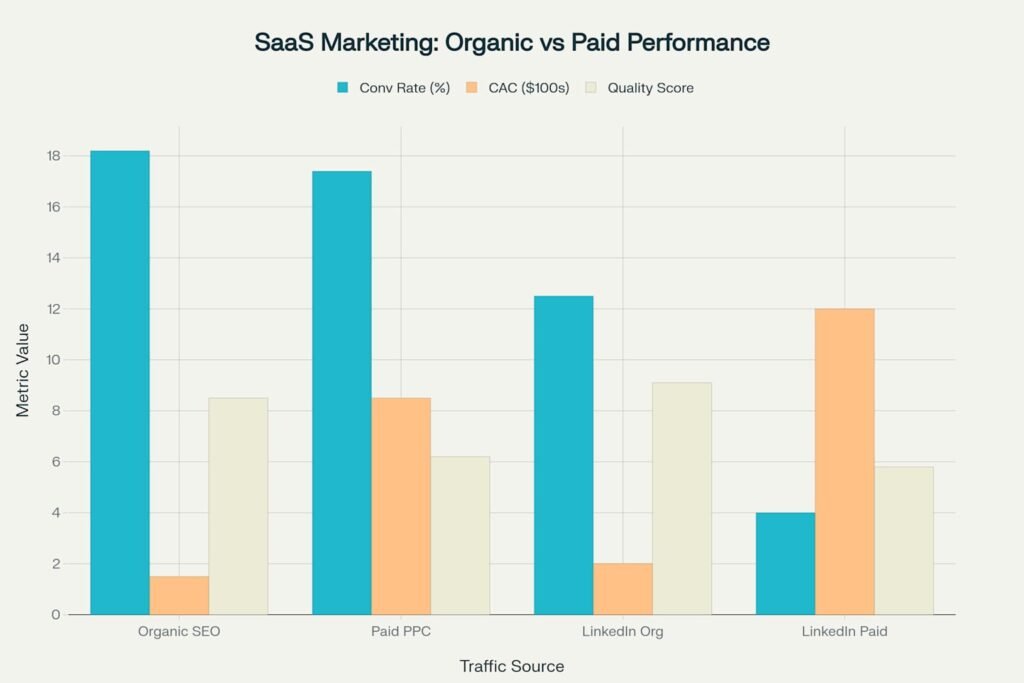 Performance comparison between organic and paid marketing channels for SaaS businesses
