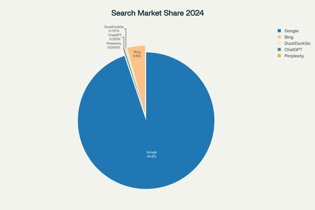 Market share of search engines and AI tools in 2024, showing Google's continued dominance