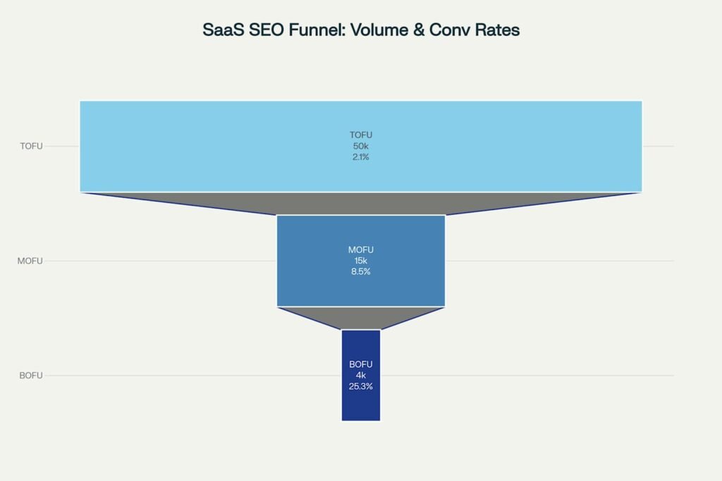 SaaS marketing funnel showing search volumes and conversion rates at each stage