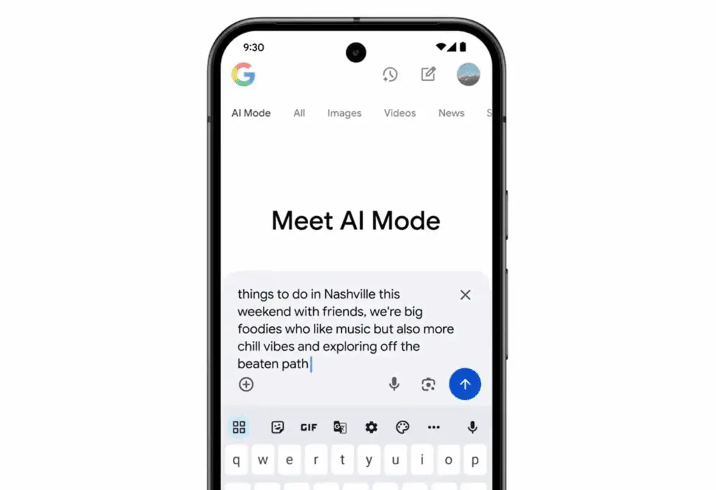 Google's AI Mode search interface on a smartphone showing a user query input example 
