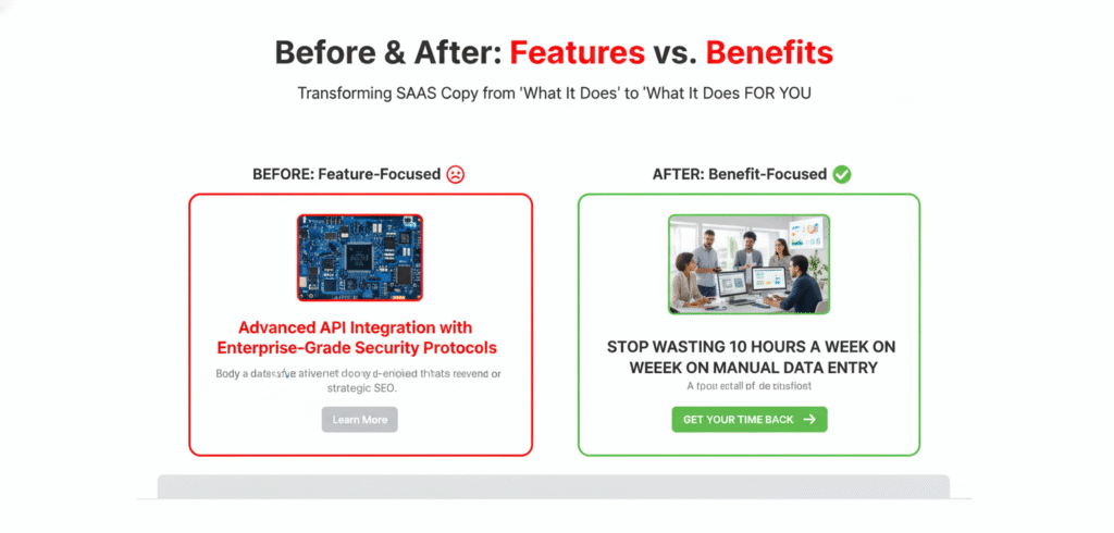 Side-by-side comparison of feature-focused versus benefit-focused SaaS homepage copy