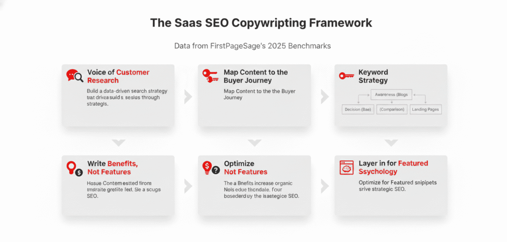 Step-by-step infographic showing SaaS SEO copywriting process from research to optimization