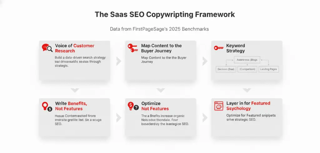 Step-by-step infographic showing SaaS SEO copywriting process from research to optimization