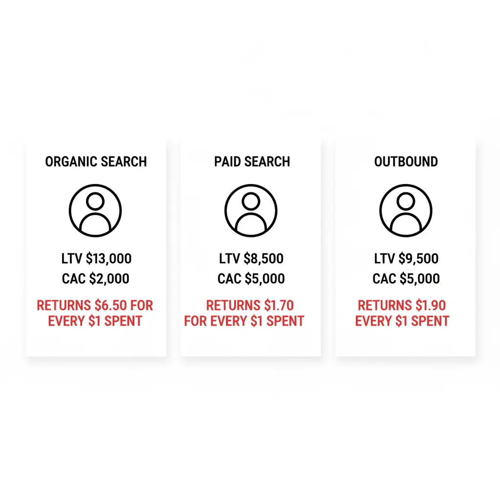 Customer lifetime value to customer acquisition cost ratio comparison across acquisition channels